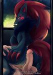  2019 anthro balls black_body black_fur blue_eyes canadianbacon claws duo erection female fur grey_body grey_fur hi_res human humanoid_penis interspecies looking_back male male/female mammal nintendo penis pok&eacute;mon pok&eacute;mon_(species) pok&eacute;philia red_body red_fur smile story_at_source video_games zoroark 