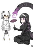  2girls :&lt; arms_at_sides artist_logo bird_tail black_hair blonde_hair closed_mouth coat cooking crossover dress drooling elbow_gloves food frilled_dress frills full_body fur_collar gloves godzilla godzilla_(series) godzilla_(shin) grey_coat grey_hair hair_between_eyes hair_ornament hairband hand_up head_wings height_difference holding kemono_friends kishida_shiki medium_dress medium_hair multicolored_hair multiple_girls mundane_utility northern_white-faced_owl_(kemono_friends) open_mouth orange_eyes owl_ears pantyhose personification purple_eyes purple_hair ringed_eyes seiza shin_godzilla sidelocks simple_background sitting standing streaked_hair sweet_potato tail turtleneck two-tone_hair white_background white_hair yakiimo 