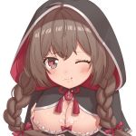  1girl after_paizuri black_hoodie blush braid breasts brown_eyes brown_hair cleavage cum cum_on_body cum_on_breasts cum_on_upper_body heart heart-shaped_pupils hood hooded_jacket jacket kantai_collection large_breasts looking_at_viewer maru_(kantai_collection) moon_ash one_eye_closed paizuri portrait shinshuu_maru_(kantai_collection) simple_background solo symbol-shaped_pupils twin_braids white_background 