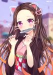  1girl :3 absurdres animal_ears bangs black_haori blush brown_hair cat_ears fish food food_in_mouth hair_ribbon haori highres holding holding_food japanese_clothes kamado_nezuko kimetsu_no_yaiba kimono long_hair long_sleeves looking_at_viewer machin4719 mouth_hold multicolored_hair open_clothes orange_hair outdoors parted_bangs pink_eyes pink_kimono pink_nails pink_ribbon ribbon smile solo standing two-tone_hair upper_body wide_sleeves 