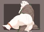  00makumakuma00 2019 after_sex anthro blush bodily_fluids butt clothing crushfang_(sdorica_sunset) cum cum_on_butt cum_on_ground genital_fluids hi_res male mammal polar_bear robe scar sdorica sdorica_sunset simple_background ursid ursine 