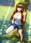  1girl absurdres against_tree alternate_costume aozaki_aoko blue_eyes blurry blurry_background brown_footwear brown_hair cqqz0707 denim denim_shorts grass highres legwear_under_shorts light_rays looking_at_viewer mahou_tsukai_no_yoru pantyhose shirt shorts smile solo standing standing_on_one_leg sunbeam sunlight tree waving white_legwear white_shirt 