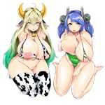  2girls :p absurdres ahoge animal_ears animal_print areolae bangs bikini blonde_hair blue_hair blush breasts cow_ears cow_girl cow_print ear_tag elf elven_forest_maker_(last_origin) fat gradient_hair green_eyes green_hair hair_between_eyes hair_intakes highres horns huge_breasts last_origin long_hair looking_at_viewer multicolored_hair multiple_girls navel nipples nuranuha open_mouth p-2000_djinnia pointy_ears print_legwear simple_background sitting skindentation swept_bangs swimsuit symbol-shaped_pupils thighhighs tongue tongue_out twintails wariza white_background 
