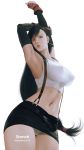  1girl 21yc_(september_breeze) armpits bangs bare_shoulders black_hair black_skirt breasts brown_eyes covered_nipples earrings elbow_gloves elbow_pads final_fantasy final_fantasy_vii final_fantasy_vii_remake fingerless_gloves gauntlets gloves highres jewelry large_breasts long_hair looking_at_viewer navel panties skirt solo suspenders swept_bangs tank_top tifa_lockhart torn_clothes underwear very_long_hair white_panties 