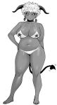  1girl bare_shoulders barefoot belly black_sclera breasts choker cleavage collarbone demon_horns demon_tail hand_on_hip highres horns large_breasts looking_at_viewer monochrome navel pentagram pentagram_earrings plump pout short_hair simple_background solo standing synecdoche tail thick_thighs thighs white_background 