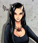  1girl absurdres against_wall asymmetrical_hair beads black_hair black_sweater breasts cleavage commentary_request ear_piercing earrings fangs forehead highres jewelry lips long_hair looking_at_viewer medium_breasts necklace oni oni_horns oni_nee-san_(to-ru) original piercing prayer_beads red_earrings smile solo sweater to-ru undercut 