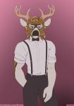  2019 5_fingers absurd_res anthro antlers biped black_nose blue_eyes bottomwear bow_tie brown_body brown_fur cervid clothed clothing digital_drawing_(artwork) digital_media_(artwork) elegant fingers front_view fur gradient_background hair hi_res horn looking_at_viewer male mammal multicolored_body multicolored_fur pants pink_background shirt shiuk simple_background solo standing text topwear url watermark white_body white_fur 