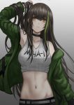  1girl absurdres arm_up armpits bangs bare_shoulders belt black_hair black_pants blush breasts brown_eyes choker commentary crop_top eyebrows_visible_through_hair girls_frontline gradient gradient_background green_hair green_jacket hair_between_eyes hand_in_hair highres jacket long_hair looking_at_viewer m4a1_(girls_frontline) midriff multicolored_hair navel off_shoulder pants parted_lips selcky sidelocks simple_background stomach streaked_hair toned 