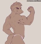  2019 absurd_res anthro back_muscles biceps biped butt canid canine canis clothed clothing digital_drawing_(artwork) digital_media_(artwork) eyebrows flexing fluffy fluffy_tail fur hair hi_res looking_away male mammal monochrome mostly_nude muscular muscular_male pinup pose shiuk side_view simple_background solo standing text thong topless underwear url watermark wolf 
