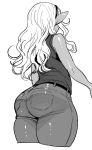  1girl ass bare_shoulders dark_skin denim elf-san_wa_yaserarenai. from_behind hairband highres jeans kuroeda-san long_hair monochrome pants pointy_ears simple_background sleeveless solo synecdoche thick_thighs thighs white_background 