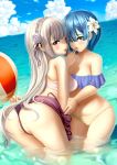  ass bikini dkoro emilia_(re_zero) open_shirt pointy_ears re_zero_kara_hajimeru_isekai_seikatsu rem_(re_zero) swimsuits thong wet yuri 