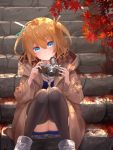  1girl autumn_leaves azur_lane bangs black_legwear blonde_hair blue_eyes brown_jacket camera closed_mouth gridley_(azur_lane) hair_between_eyes highres holding holding_camera jacket knees_up long_sleeves neckerchief shoes short_hair sitting sitting_on_stairs smile sneakers solo stairs stone_stairs sumi_(kjtd2458) thighhighs tied_hair two_side_up white_footwear yellow_neckwear 