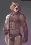  2019 5_fingers abs absurd_res anthro areola athletic biceps biped brown_bear brown_body brown_fur bulge cheek_tuft claws clothed clothing digital_drawing_(artwork) digital_media_(artwork) facial_tuft fingers front_view fur gradient_background grey_background hi_res holding_object looking_away male mammal muscular muscular_male navel nipples partially_clothed pecs pinup pose shiuk simple_background solo speedo standing swimwear text topless towel tuft url ursid ursine water watermark wet 