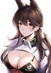  1girl alternate_costume animal_ears atago_(azur_lane) azur_lane bangs bikini black_bikini blush breasts brown_eyes brown_hair cleavage extra_ears eyebrows_visible_through_hair hair_ribbon highres jacket large_breasts long_hair looking_at_viewer mole mole_under_eye parted_lips ribbon shrug_(clothing) simple_background smile solo swept_bangs swimsuit upper_body white_background white_jacket white_ribbon yinyu_(nico) 