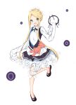  1girl :d abigail_williams_(fate/grand_order) absurdres bangs black_dress black_footwear blonde_hair bloomers blue_eyes blush butterfly_hair_ornament commentary_request dress eyebrows_visible_through_hair fate/grand_order fate_(series) forehead full_body hair_ornament highres key keyring long_hair long_sleeves open_mouth parted_bangs shirt shoes sidelocks sleeveless sleeveless_dress sleeves_past_fingers sleeves_past_wrists smile solo standing standing_on_one_leg stuffed_animal stuffed_toy teddy_bear underwear very_long_hair white_background white_bloomers white_shirt yukaa 