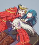  3girls black_shorts byleth_(fire_emblem) byleth_(fire_emblem)_(female) cape closed_eyes dagger dual_persona edelgard_von_hresvelg fire_emblem fire_emblem:_three_houses garreg_mach_monastery_uniform gloves green_hair hair_ribbon hand_kiss highres holding_hands horned_headwear kiss legwear_under_shorts long_hair looking_at_another multiple_girls nyasa pantyhose purple_eyes red_cape red_gloves ribbon shorts silver_hair sleeping sleeping_on_person tiara time_paradox weapon yuri 