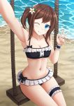  1girl ;q arm_up armpits bare_shoulders beach bikini black_bikini blue_eyes blush breasts brown_hair cleavage closed_mouth collarbone commentary day flower frilled_bikini frills hair_flower hair_ornament hana_macchia hand_up highres kazenokaze leg_garter long_hair looking_at_viewer navel nijisanji nijisanji_id one_eye_closed outdoors outstretched_arm sand self_shot side_ponytail sidelocks sitting small_breasts smile solo swimsuit swing tongue tongue_out very_long_hair virtual_youtuber water white_flower wrist_cuffs 