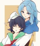  2girls anchor_symbol black_hair blue_eyes blue_hair closed_eyes dress eyebrows_visible_through_hair hat hood hood_down hug hug_from_behind kauchipoteto kesa kumoi_ichirin long_sleeves multiple_girls murasa_minamitsu neckerchief red_neckwear sailor_collar sailor_shirt shirt short_hair short_sleeves sleeping touhou twitter_username upper_body white_dress white_headwear white_shirt yellow_background 