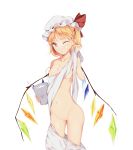  1girl blonde_hair camisole cowboy_shot flandre_scarlet flat_chest food food_on_body food_on_face hat highres looking_at_viewer medium_hair navel nipples one_side_up p-a-cheng pussy red_eyes shirt shorts shorts_pull simple_background solo touhou white_background white_headwear white_shirt white_shorts wings 