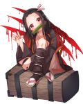  1girl absurdres bamboo bangs bit_gag black_hair black_haori blood blush fingernails full_body gag hair_ribbon haori highres huge_filesize japanese_clothes kamado_nezuko kimetsu_no_yaiba kimono long_fingernails long_hair long_sleeves looking_to_the_side mouth_hold multicolored_hair nail_polish oni orange_hair parted_bangs pcbl pink_eyes pink_kimono pink_nails pink_ribbon ribbon sitting solo two-tone_hair white_background wide_sleeves 