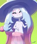 2019 black_sclera blue_eyes blue_hair blueberry_(artist) blush breasts clothing dress featureless_hands female green_background hair hatterene humanoid long_hair nintendo pink_hair pok&eacute;mon pok&eacute;mon_(species) simple_background sitting small_breasts smile solo tentacles translucent video_games 