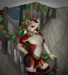  2019 absurd_res accessory anthro bulge canid canine canis christmas clothed clothing detailed_background dhole digital_media_(artwork) fur garter hat headgear headwear hi_res holidays jklenvu552 legwear lingerie looking_at_viewer male mammal santa_hat smile solo stockings thigh_highs tongue underwear 