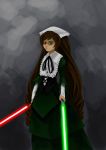  1girl artist_request black_bow bow brown_hair dress energy_sword green_dress green_eyes heterochromia highres lightsaber lolita_fashion looking_at_viewer pointing_sword red_eyes rozen_maiden source_request star_wars suiseiseki sword weapon 