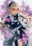  1girl arm_under_breasts armor aura blush breast_hold breasts corrin_(fire_emblem) corrin_(fire_emblem)_(female) crossed_arms dark_aura dragon_tail fire_emblem fire_emblem_fates fire_emblem_heroes hairband image_sample long_hair manakete nekolook pointy_ears solo standing sweat tail twitter_sample 