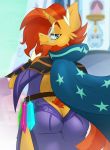  2019 anthro anthrofied blue_eyes butt cape clothing equid eyewear friendship_is_magic glasses hair horn jrvanesbroek male mammal my_little_pony orange_hair robe solo sparkles sunburst_(mlp) tight_clothing unicorn 