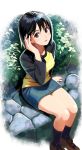  1girl adjusting_hair black_hair bob_cut brown_eyes commentary_request denim denim_skirt eyebrows_visible_through_hair full_body hair_between_eyes highres long_sleeves looking_at_viewer nakahara_misaki nashigaya_koyomi nhk_ni_youkoso! open_mouth outdoors shoes short_hair sitting sitting_on_wall skirt socks solo stone_wall wall 