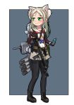  1girl :3 american_flag_neckwear animal_ear_fluff animal_ears azur_lane black_footwear black_legwear blush boots cat_ears cellphone closed_mouth combat_boots commentary_request covered_navel cross-laced_footwear dedorudy elbow_gloves fingerless_gloves forehead full_body gloves gradient_hair green_eyes gun highres holding holding_phone looking_to_the_side multicolored_hair neckerchief pantyhose phone rigging sailor_collar sims_(azur_lane) smartphone smile solo standing thighband_pantyhose torpedo_tubes two_side_up weapon white_hair white_sailor_collar 