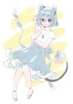  1girl adapted_costume akagashi_hagane alternate_eye_color animal_ears back_bow basket bow bracelet casual full_body grey_footwear grey_hair grey_skirt hand_on_own_cheek hand_up jewelry looking_at_viewer mouse mouse_ears mouse_tail nazrin pendant purple_eyes shirt short_hair short_sleeves skirt smile tail tail_hold touhou white_shirt yellow_background 