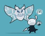  anger_vein atapi black_cape blue_background blue_eyes bug cape facing_away frosmoth gen_8_pokemon glint hollow_knight knife knight_(hollow_knight) lowres no_humans pokemon pokemon_(creature) simple_background standing 