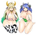  2girls :p absurdres ahoge animal_ears animal_print areolae bangs bikini blonde_hair blue_hair blush breasts cow_ears cow_girl cow_print ear_tag elf elven_forest_maker_(last_origin) fat gradient_hair green_eyes green_hair hair_between_eyes hair_intakes highres horns huge_breasts lactation last_origin long_hair looking_at_viewer multicolored_hair multiple_girls navel nipples nuranuha open_mouth p-2000_djinnia pointy_ears print_legwear simple_background sitting skindentation swept_bangs swimsuit symbol-shaped_pupils thighhighs tongue tongue_out twintails wariza white_background 