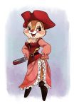  anthro blue_eyes blush boots bottle chipmunk clarice_(disney) clothed clothing disney dress eyelashes female fingers flintlock_pistol footwear fur ground_squirrel hat headgear headwear hi_res mammal open_mouth open_smile pirate red_clothing red_dress red_hat red_headwear red_nose rodent sciurid simple_background smile tan_body tan_fur 