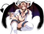  1girl bangs blonde_hair blue_eyes blush breasts demon_girl demon_tail detached_sleeves large_breasts long_hair masao navel original revealing_clothes solo succubus tail thighhighs white_background white_legwear wings 