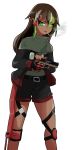  1girl android blazelimit dark_skin game green_eyes gun jacket leg_brace long_hair original prosthesis prosthetic_arm shorts smoking solo weapon white_background 