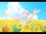 1boy :d blue_eyes blue_sky cloud flower male_focus open_mouth outstretched_arms shirt silver_hair sky smile spread_arms sunflower t-shirt takeshi_(mononohu20) upper_body viktor_nikiforov yuri!!!_on_ice 