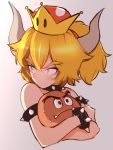  1girl animal bangs black_choker blonde_hair blue_eyes bowsette bracelet choker closed_mouth collar cropped_torso eyebrows frown goomba gradient gradient_background grey_background holding holding_animal horns jewelry looking_back mario_(series) medium_hair mityubi new_super_mario_bros._u_deluxe short_ponytail solo spiked_armlet spiked_bracelet spiked_collar spikes super_crown sweat upper_body 