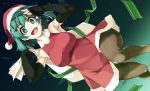  1girl bare_shoulders black_legwear breasts dress elbow_gloves gloves green_eyes green_hair hat highres large_breasts looking_at_viewer open_mouth original pantyhose santa_costume santa_hat shikei short_hair solo 