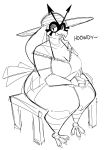  2019 3_toes aimbot-jones anthro avian big_breasts breasts claws cleavage clothed clothing dialogue dress english_text female hair hat headgear headwear hi_res hoothoot looking_at_viewer nintendo pok&eacute;mon pok&eacute;mon_(species) sitting sketch solo text thick_thighs toe_claws toes video_games 