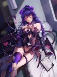  1girl ;) absurdres arm_support bangs bare_shoulders black_gloves blush boots braid breasts demon_girl demon_tail demon_wings elbow_gloves gloves heart_cutout highres honkai_(series) honkai_impact_3rd horns knee_boots large_breasts lightning long_hair looking_at_viewer on_bed one_eye_closed open_mouth parted_lips ponytail pubic_tattoo purple_eyes purple_hair raiden_mei raiden_mei_(lightning_empress) revealing_clothes shiny shiny_skin side_braid single_thighhigh skindentation smile solo succubus tail tattoo thigh_strap thighhighs thighs torn_clothes torn_legwear very_long_hair wings zombie-andy 