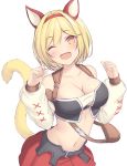  1girl ;d animal_ears bag bare_shoulders blonde_hair breasts cat_ears cat_girl cat_tail cleavage collarbone crop_top detached_sleeves djeeta_(granblue_fantasy) final_fantasy final_fantasy_xiv granblue_fantasy hairband hands_up highres large_breasts long_sleeves looking_at_viewer midriff miqo&#039;te mutsuba_fumi navel one_eye_closed open_mouth puffy_sleeves red_skirt short_hair shoulder_bag simple_background skirt smile solo stomach tail tail_raised upper_body white_background yellow_eyes 
