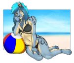  2019 4_toes 5_fingers accelo anthro blue_eyes blue_hair clothed clothing digital_media_(artwork) felid female fingerless_(marking) fingers fur hair looking_at_viewer machairodontine mammal midriff navel one_eye_closed solo spots spotted_body spotted_fur toeless_(marking) toes 