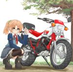  1girl boots graphite_(medium) ground_vehicle highres mechanical_pencil mikeran_(mikelan) motor_vehicle motorcycle orange_eyes orange_hair original pencil ponytail thigh_boots thighhighs traditional_media yamaha 