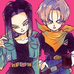  2boys :p android_17 arm_at_side belt black_hair black_pants black_shirt blue_eyes breast_pocket character_name collarbone commentary cosplay costume_switch crossed_out denim denim_jacket dragon_ball dragon_ball_z earrings fanny_pack fingernails gradient hand_in_pocket hand_on_hip hand_up head_tilt highres jacket jeans jewelry light_smile long_sleeves looking_down looking_to_the_side male_focus multiple_boys neckerchief number open_clothes open_jacket orange_neckwear pants pink_background pocket purple_hair red_ribbon_army shaded_face shirt short_hair simple_background standing straight_hair symbol_commentary tkgsize tongue tongue_out trunks_(future)_(dragon_ball) upper_body x 