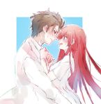  1boy 1girl accra_k bangs black_eyes blush brown_hair closed_mouth commentary_request couple ear_blush embarrassed eyebrows_visible_through_hair hair_between_eyes hetero highres hug incoming_kiss labcoat long_hair looking_at_another makise_kurisu messy_hair okabe_rintarou open_mouth purple_eyes red_hair simple_background sketch steins;gate two-tone_background 