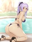  1girl ass bikini black_footwear blurry blurry_background breasts butt_crack elf from_behind highres houtengeki long_hair original pointy_ears ponytail ponytail_holder pool purple_hair red_eyes side-tie_bikini sideboob sidelocks swimsuit 