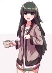  1girl absurdres artist_name bangs blunt_bangs blush coat collarbone cup eyebrows_visible_through_hair green_eyes grey_hair highres hiyajou_maho holding holding_cup long_hair long_sleeves looking_at_viewer messy_hair open_mouth simple_background solo standing star steins;gate steins;gate_0 tegar32 thick_eyebrows very_long_hair white_background 