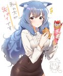  2girls animal_ears black_skirt blouse blue_hair blush breasts brown_eyes commentary_request crepe eating food hechi_(hechi322) highres holding holding_food large_breasts long_hair messy_hair multiple_girls original skirt solo_focus taiyaki translation_request wagashi white_blouse 